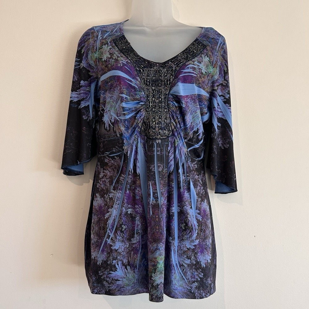 One World Tunic Top Sz P M Fairy Grunge Beaded Boho Hippie Floral Flare Sleeve